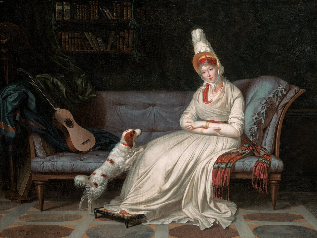 Retrato de Elizabeth, Lady Webster, mais tarde Lady Holland, em um vestido branco com seu spaniel Pierrot, c.1795 de Louis Gauffier