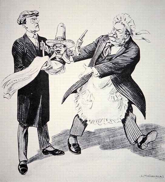 Desenho animado americano mostrando o presidente americano Tuft entregando a problemática "Situação Mexicana" ao seu sucessor Woodrow Wilson em 1913 (litho) de Louis Glackens