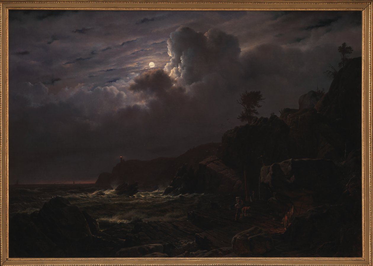 Vista de Kullen na Suécia. Contrabandistas escondendo seus bens entre as rochas. Luar de Louis Gurlitt