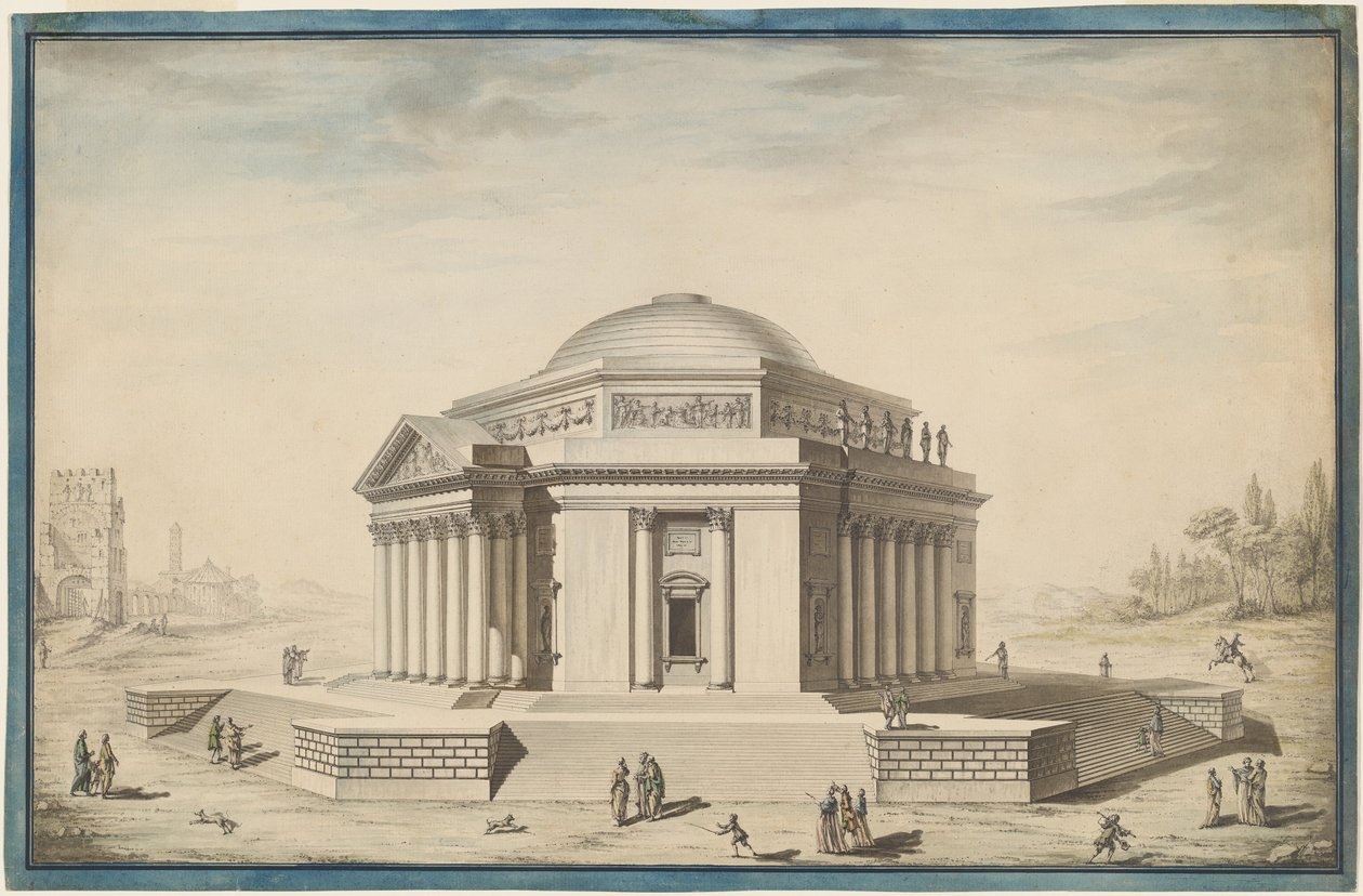 Templo hexagonal em paisagem italiana de Louis Gustave Taraval