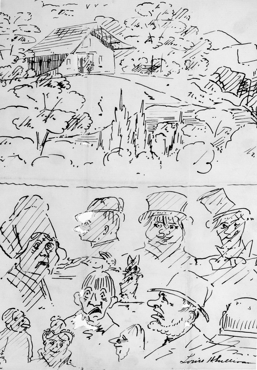 Paisagem com edifício (em cima) e Estudos de cabeças caricaturais (em baixo) de Louis H. Sullivan