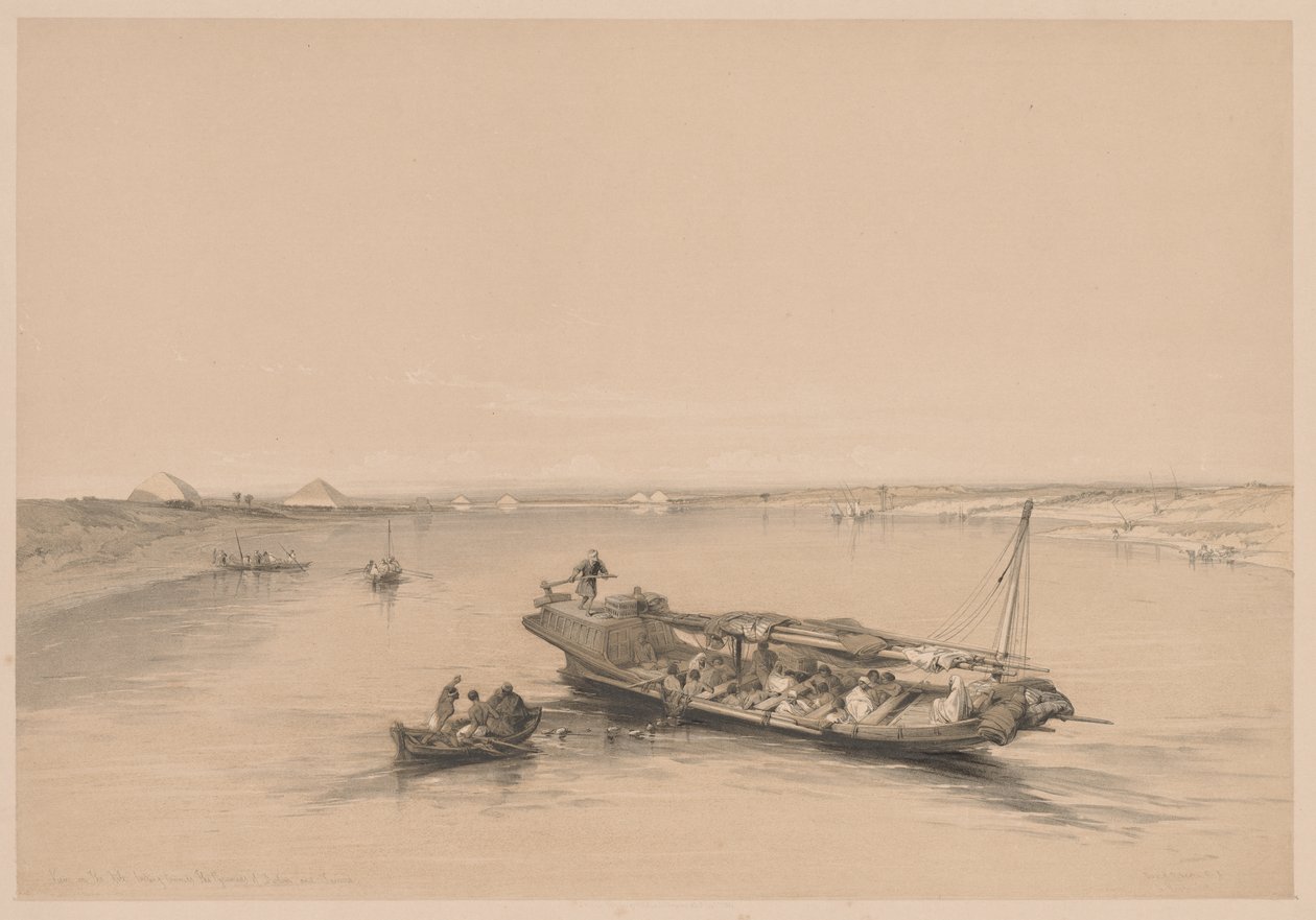 Egito e Núbia: Volume I - No. 4, Barcos Escravos no Nilo, Vista Olhando para as Pirâmides de Dashour e Saccara de Louis Haghe