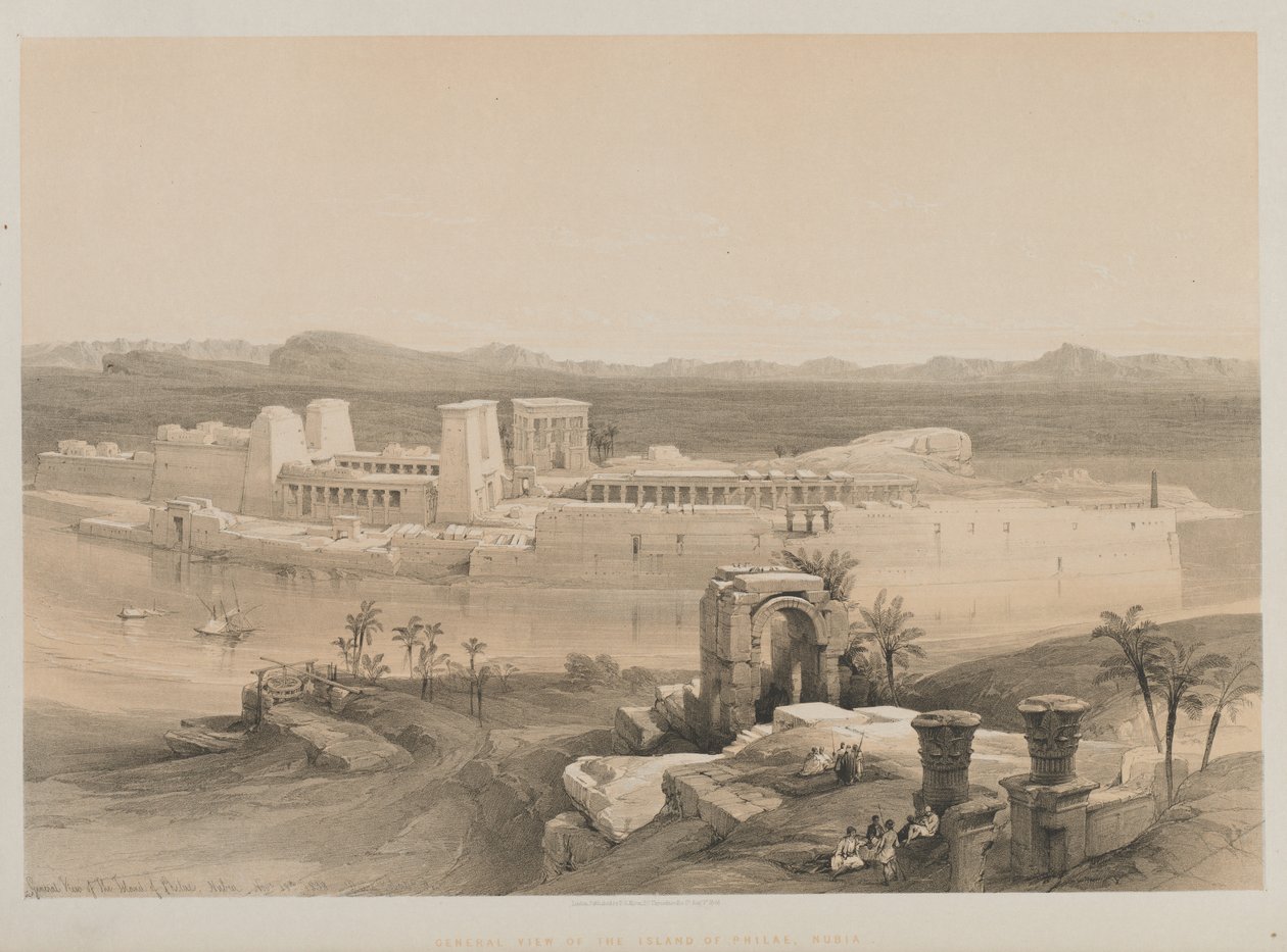 Egito e Nubia, Volume I: Vista Geral da Ilha de Philae, Nubia, 1846. de Louis Haghe