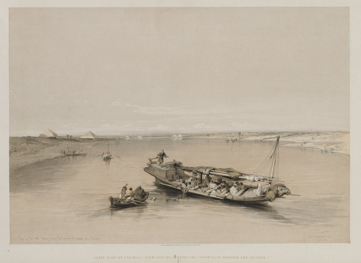 Egito e Núbia, volume I: vista sobre o Nilo, olhando para as pirâmides de Dashour e Saccara, 184 de Louis Haghe