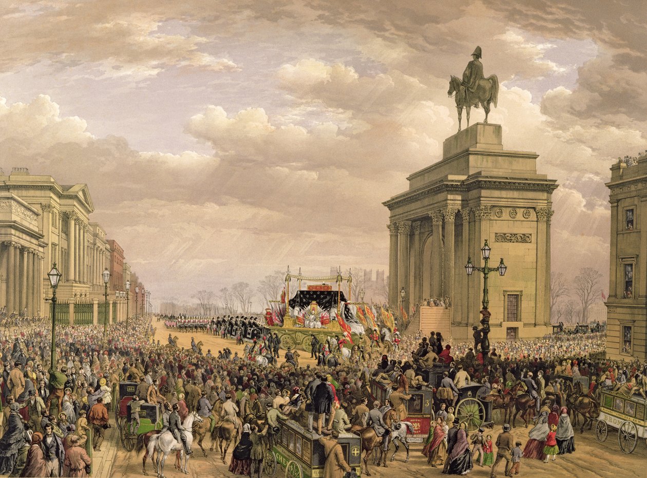Funeral do duque de Wellington, o carro fúnebre passando o arco em Apsley House, 18 de novembro de 1852, gravado por Thomas Picken (fl.1838-1870), pub. por Ackermann e Day, 1853 de Louis Haghe