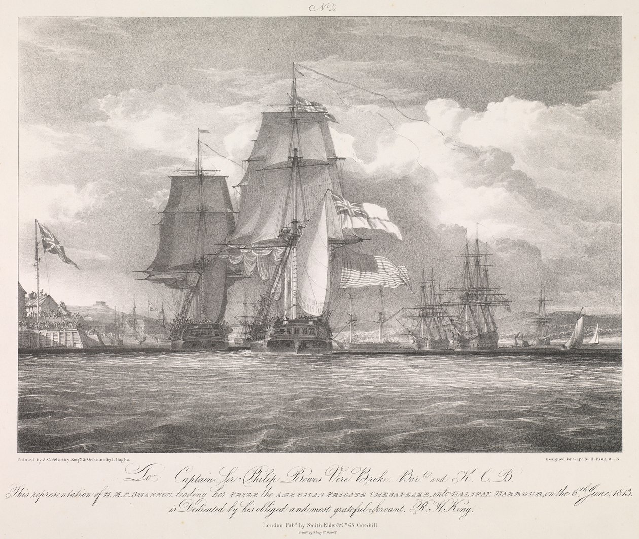 O HMS "Shannon" conduzindo a sua presa, a fragata americana "Chesapeake" (1806), para o porto de Halifax, Nova Escócia, em 6 de junho de 1813, c.1815 (litografia) de Louis Haghe