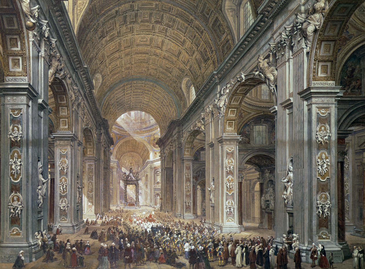 Interior de São Pedro, Roma, 1867 (lápis e wc no papel) de Louis Haghe