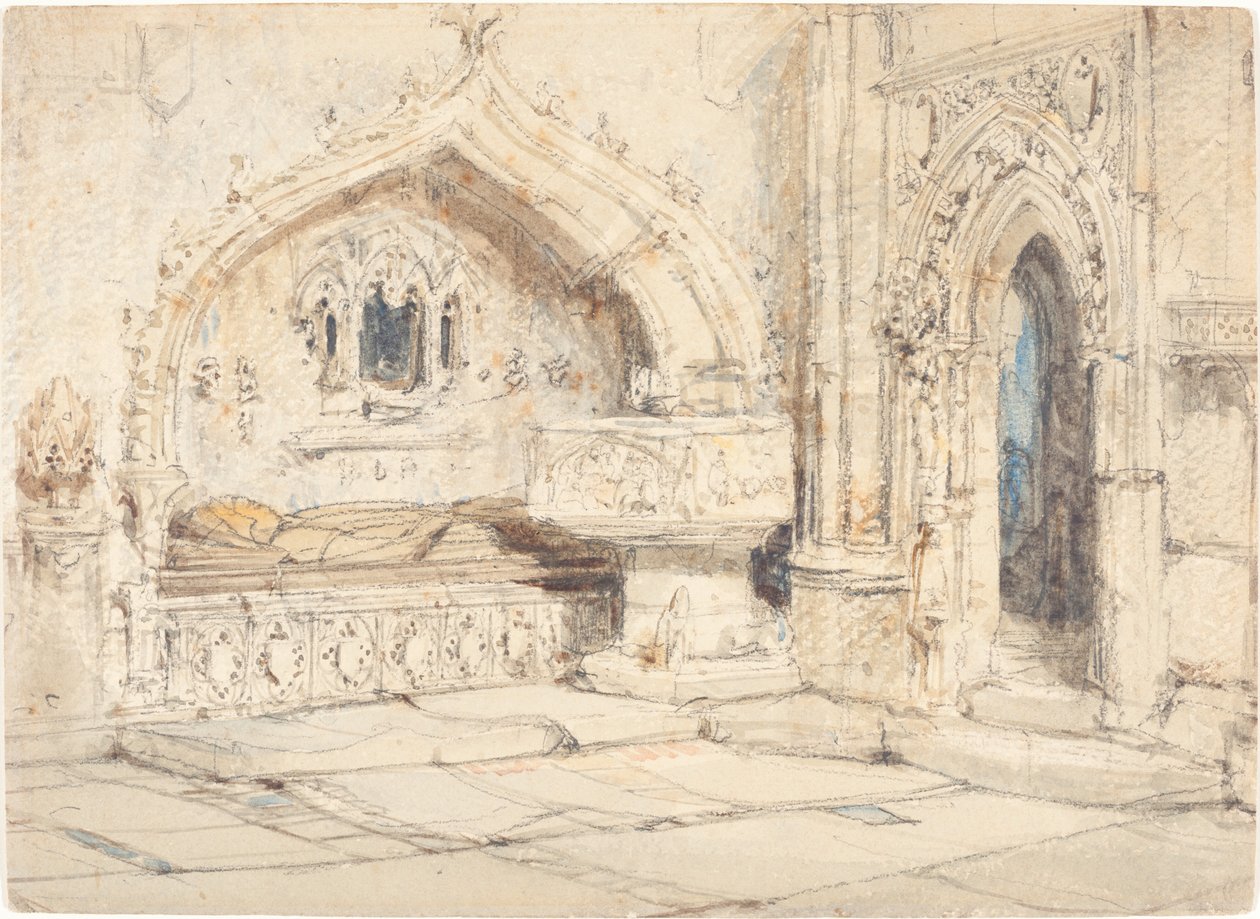Interior de uma igreja com um túmulo de parede e fonte medieval de Louis Haghe