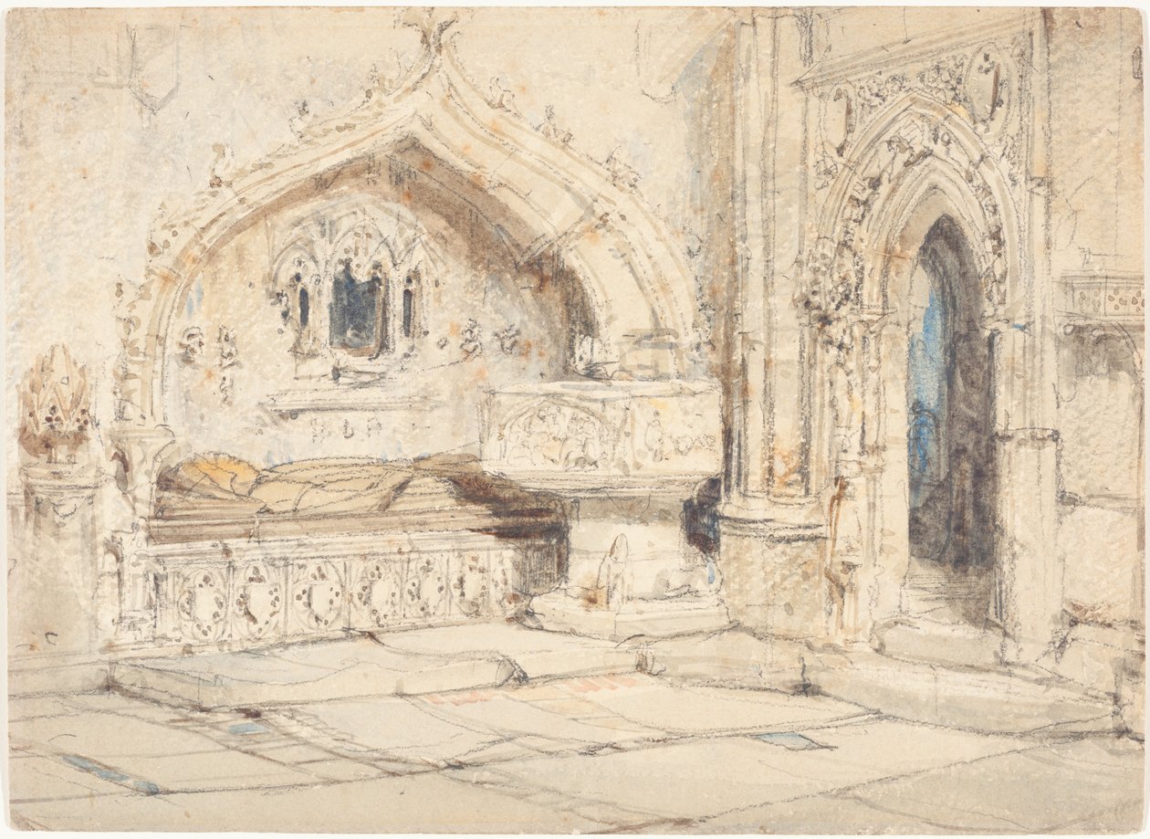 Interior de uma igreja com um túmulo de parede e uma pia batismal medieval de Louis Haghe