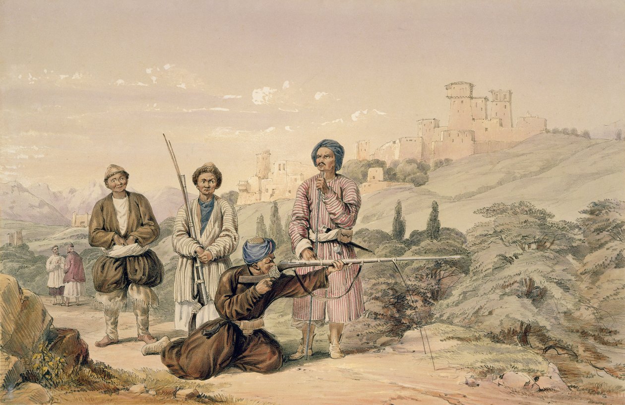 Huzzarehs atirando com Juzzaeels, de &39;Characters and Costumes of Afghuanistan&39; escrito pelo capitão Lockyer Willis Hart, publicado em 1843 de Louis Hague