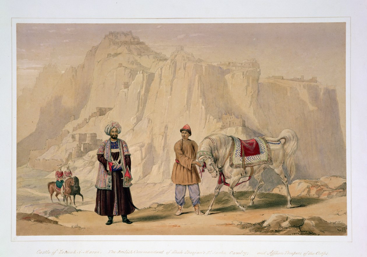 O Comandante britânico da 2ª Cavalaria Jannah do Shah Shoojan e das Tropas Affhan do Corpo, de "Personagens e trajes do Afeganistão", escrito pelo Capitão Lockyer Willis Hart, publicado em 1843 (cor litho) de Louis Hague