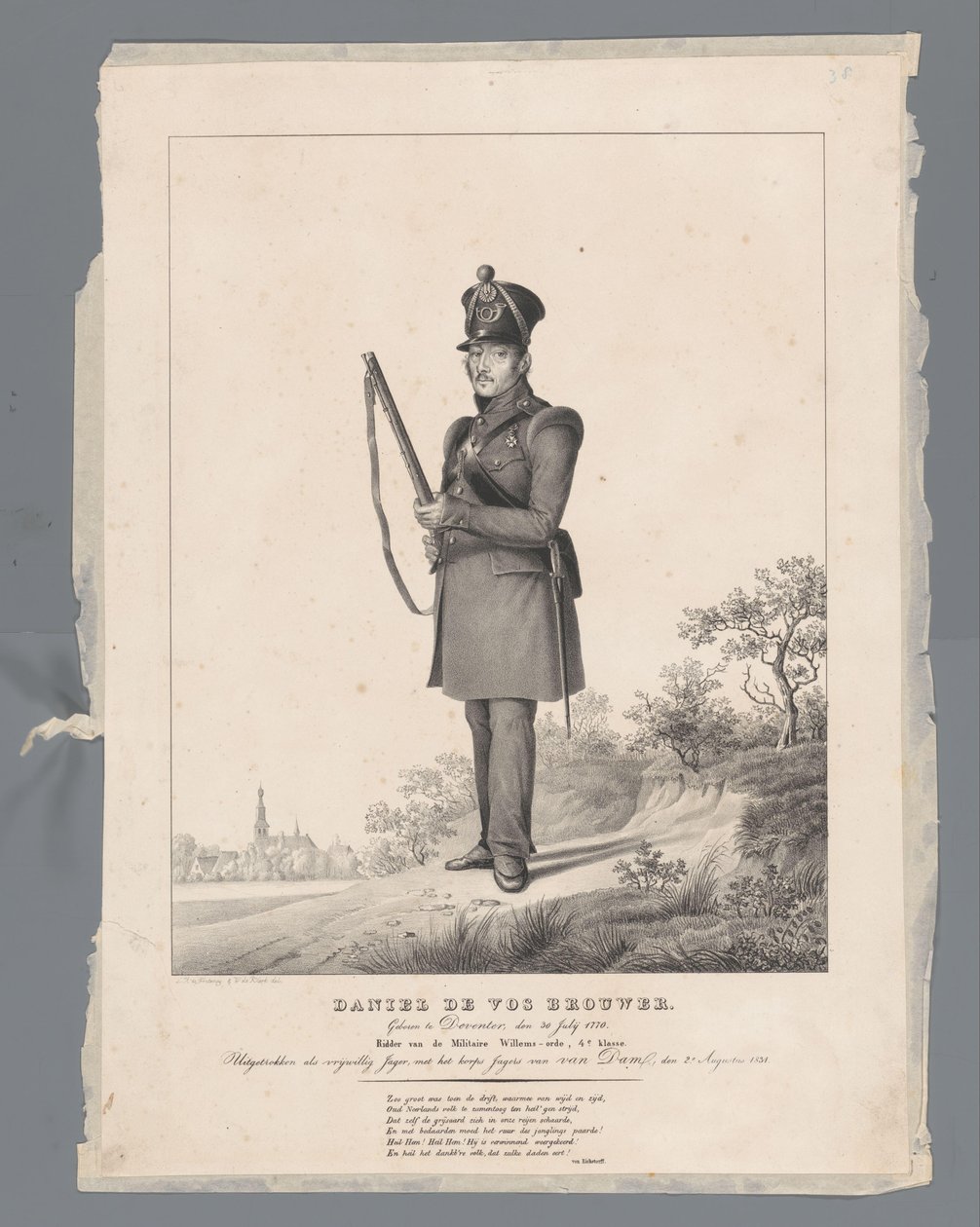 Daniel de Vos Brouwer. Nascido em Deventer, den 30 Julij 1770. Cavaleiro da Ordem Militar de Guilherme, 4ª classe. Alistado como caçador voluntário com o corpo de caçadores de Van Dam, 2 de Agosto de 1831. de Louis-Henri de Fontenay