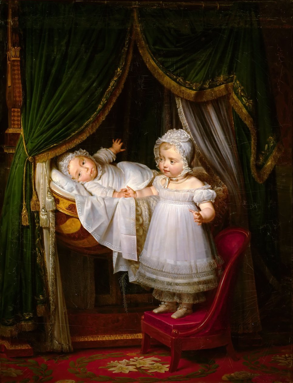 Henrique de Artois, conde de Chambord, duque de Bordéus no berço com sua irmã Louise Marie Thérè de Louise Marie Jeanne Hersent