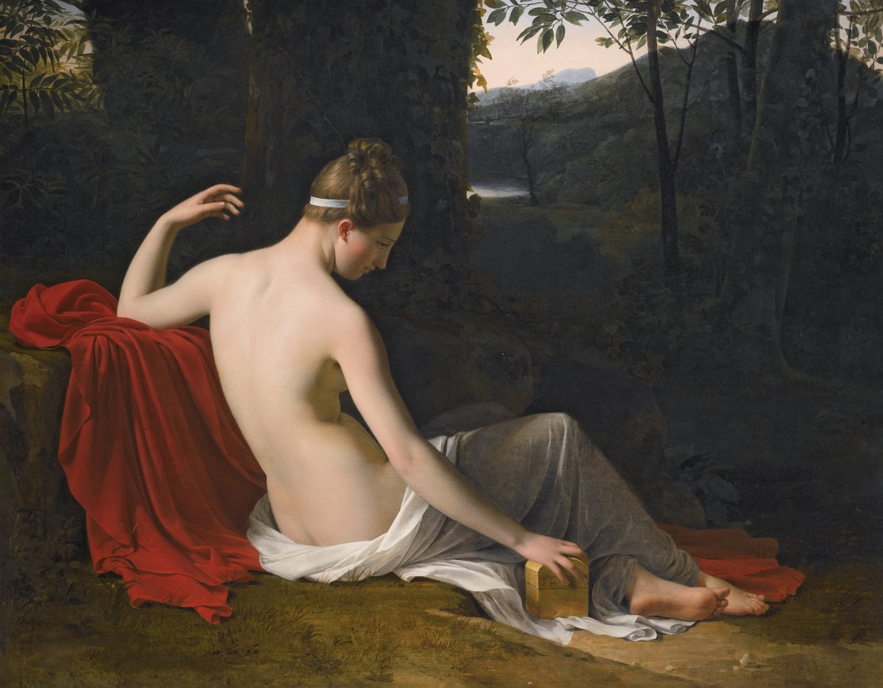 Pandora reclinada em uma paisagem arborizada de Louise Marie Jeanne Hersent