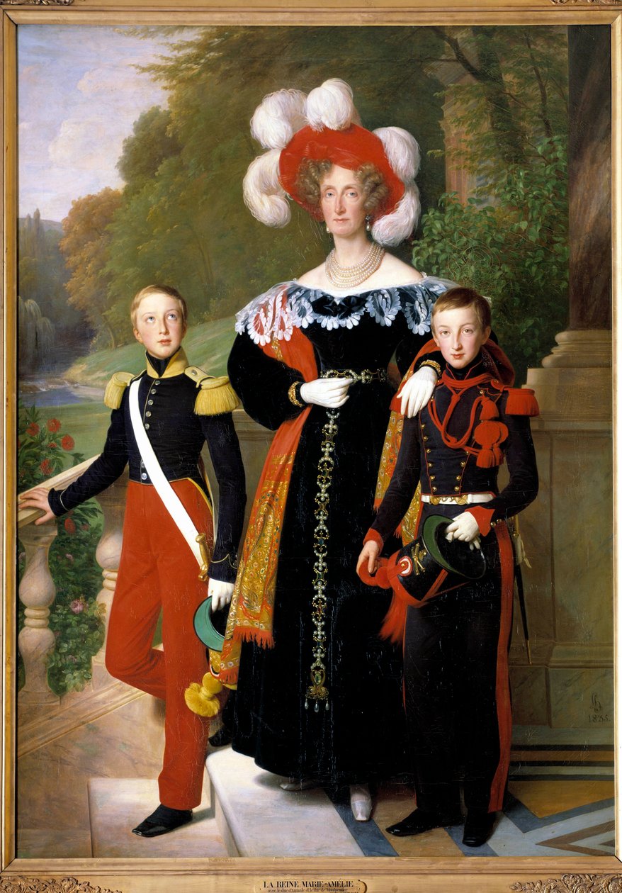 A Rainha Marie-Amelie e dois de seus filhos, o Duque de Aumale em uniforme de soldado da infantaria ligeira e o Duque de Montpensier em uniforme de artilheiro, em frente a uma vista do parque do castelo de Neuilly por volta de 1833 de Louis Hersent