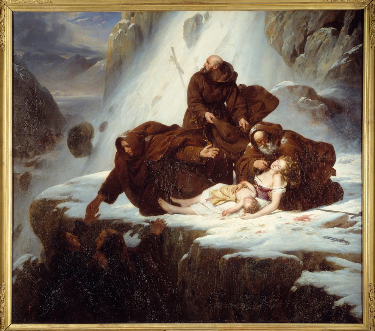 Os religiosos no hospício de São Gotardo (San Gottardo) dando alívio às famílias afetadas pelos bandidos Pintura por Louis Hersent (1777-1860) 1824 de Louis Hersent