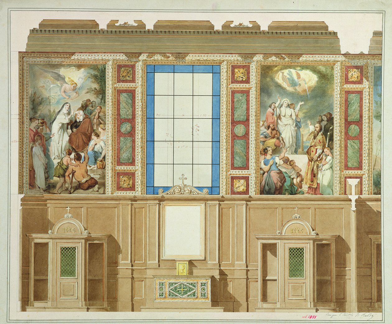 Detalhe de uma das capelas abaixo dos corredores laterais, do projeto para decorar a igreja de Notre Dame de Lorette, 1855 cor litho de Louis Hippolyte Lebas