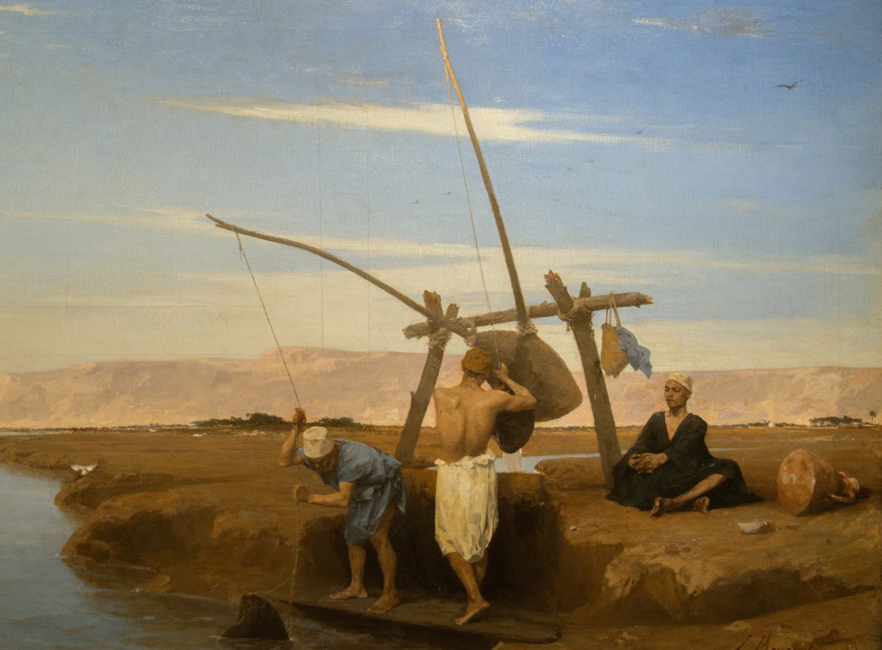 Um Shadouf no Alto Egipto (Oil On Wood de 1874) de Louis Hippolyte Mouchot