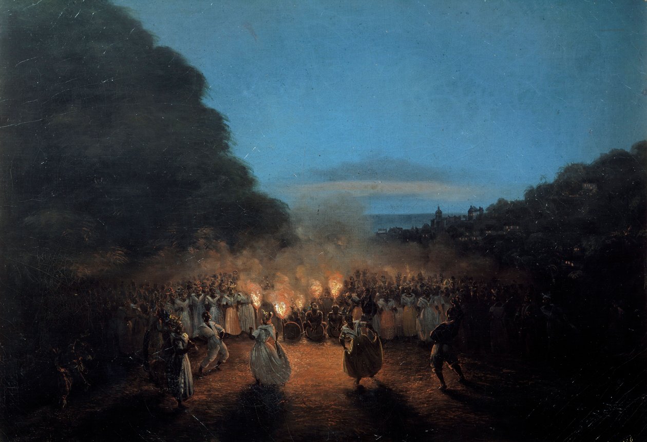 O Bamboula uma vez dança bambu (ou varas) na cena da dança dos escravos negros das Índias Ocidentais à luz de tochas. Pintura de Honore Gamain (1803-1871) século XIX La Rochelle, Museu do Novo Mundo de Louis Honore Gamain