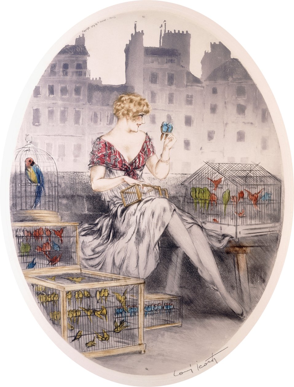 Garota com Periquitos, c.1920-30 (gravura colorida) de Louis Icart