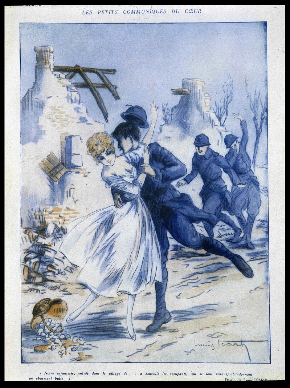Soldados entrando na cidade, um beijando uma mulher, "encantador despojo", Ilustração de Louis Icart (1888-1950) Em "Fantasio" 15/12/1915 de Louis Icart