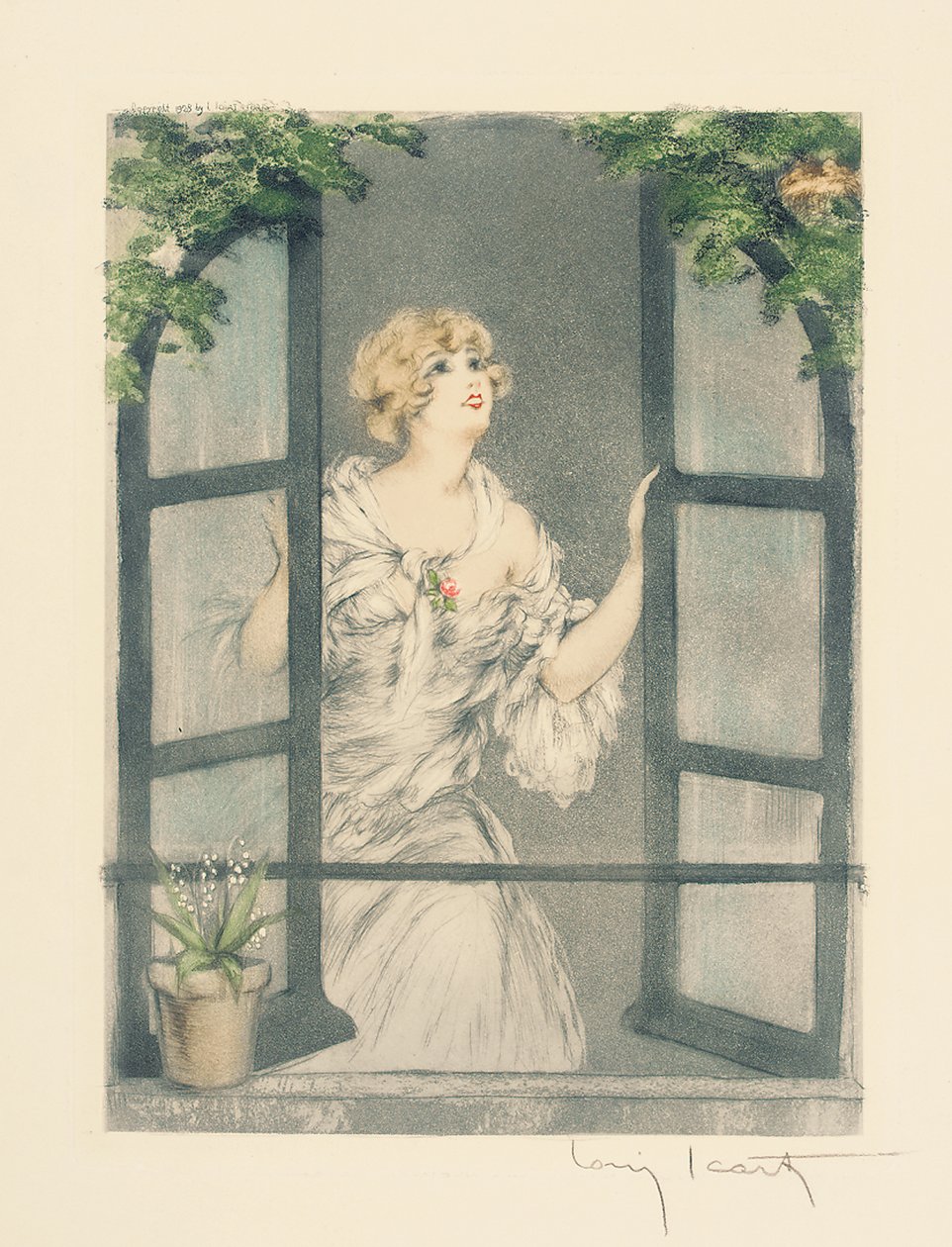 As Quatro Estações: Primavera, c.1928 (ponta seca colorida à mão e água-tinta) (ver também 745548-51) de Louis Icart