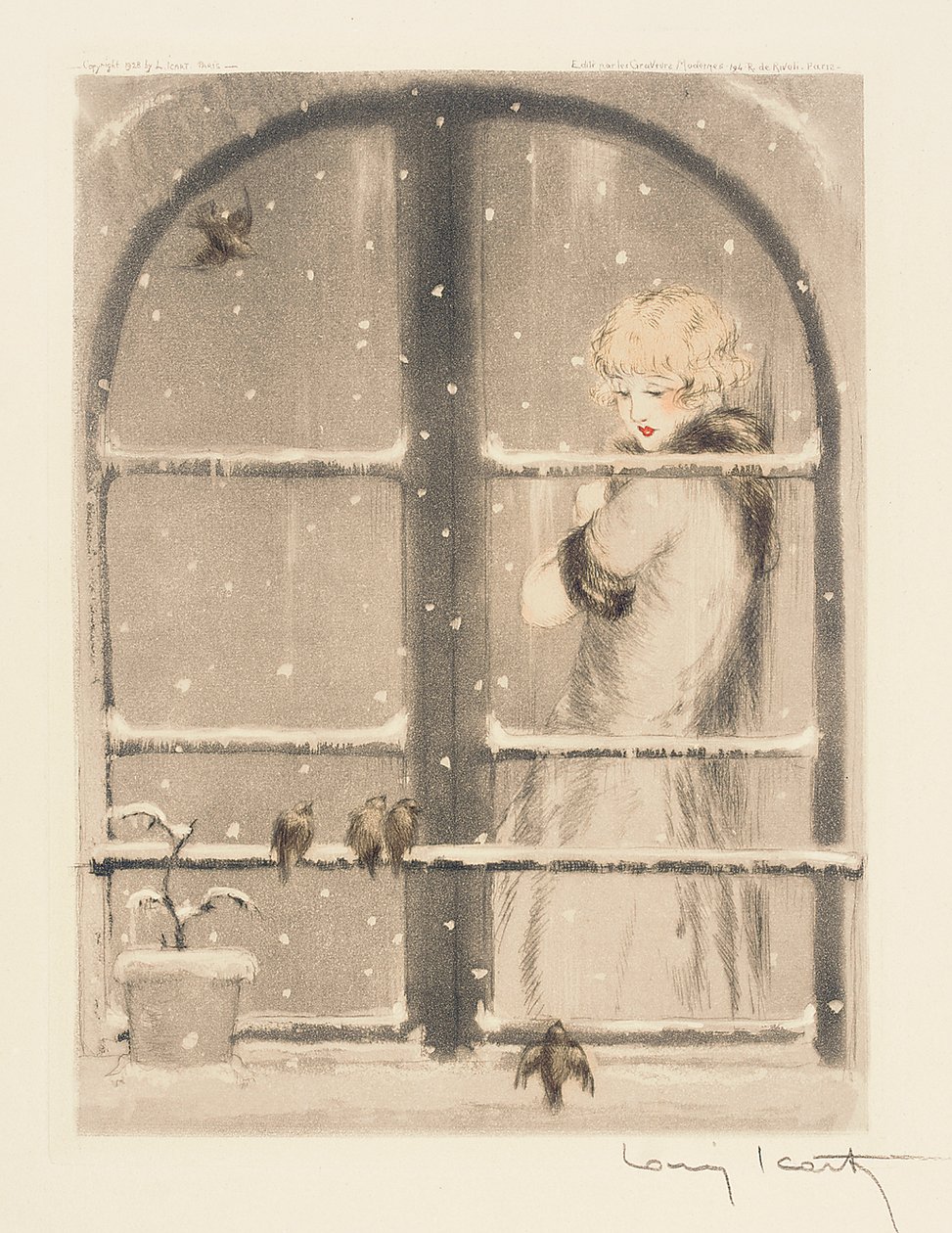 As Quatro Estações: Inverno, c.1928 (ponta seca colorida à mão e água-tinta) (ver também 745548-50) de Louis Icart