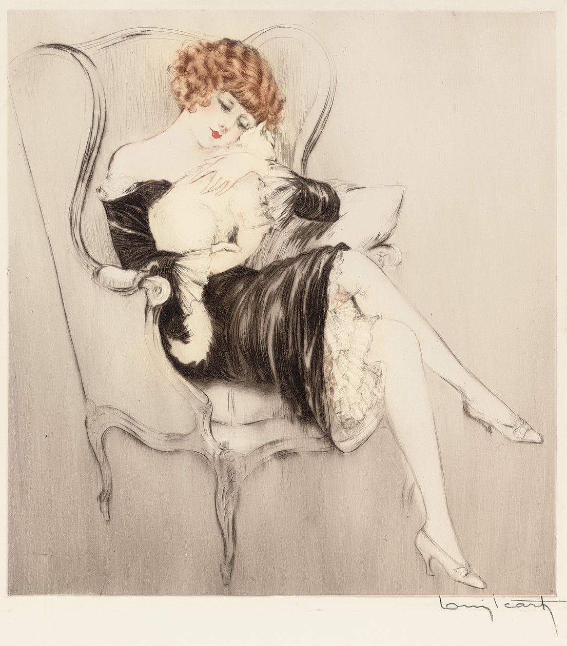 O Gato Adormecido (gravura e água-tinta coloridas à mão) de Louis Icart