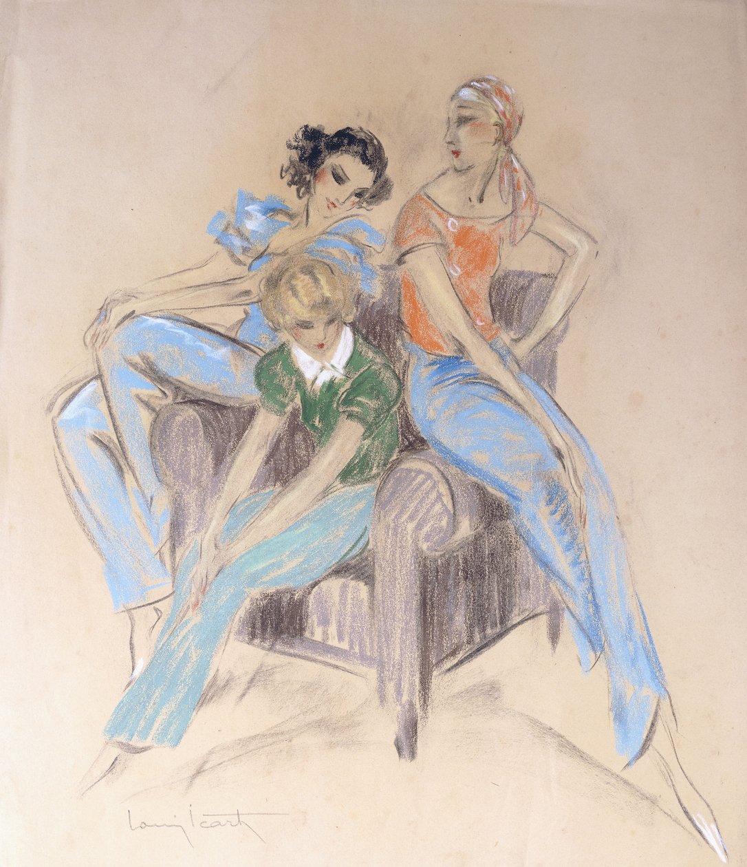 Três meninas sentadas em uma poltrona de Louis Icart