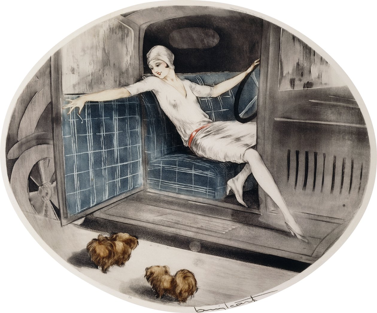 Mulher num carro com dois pequinês de Louis Icart