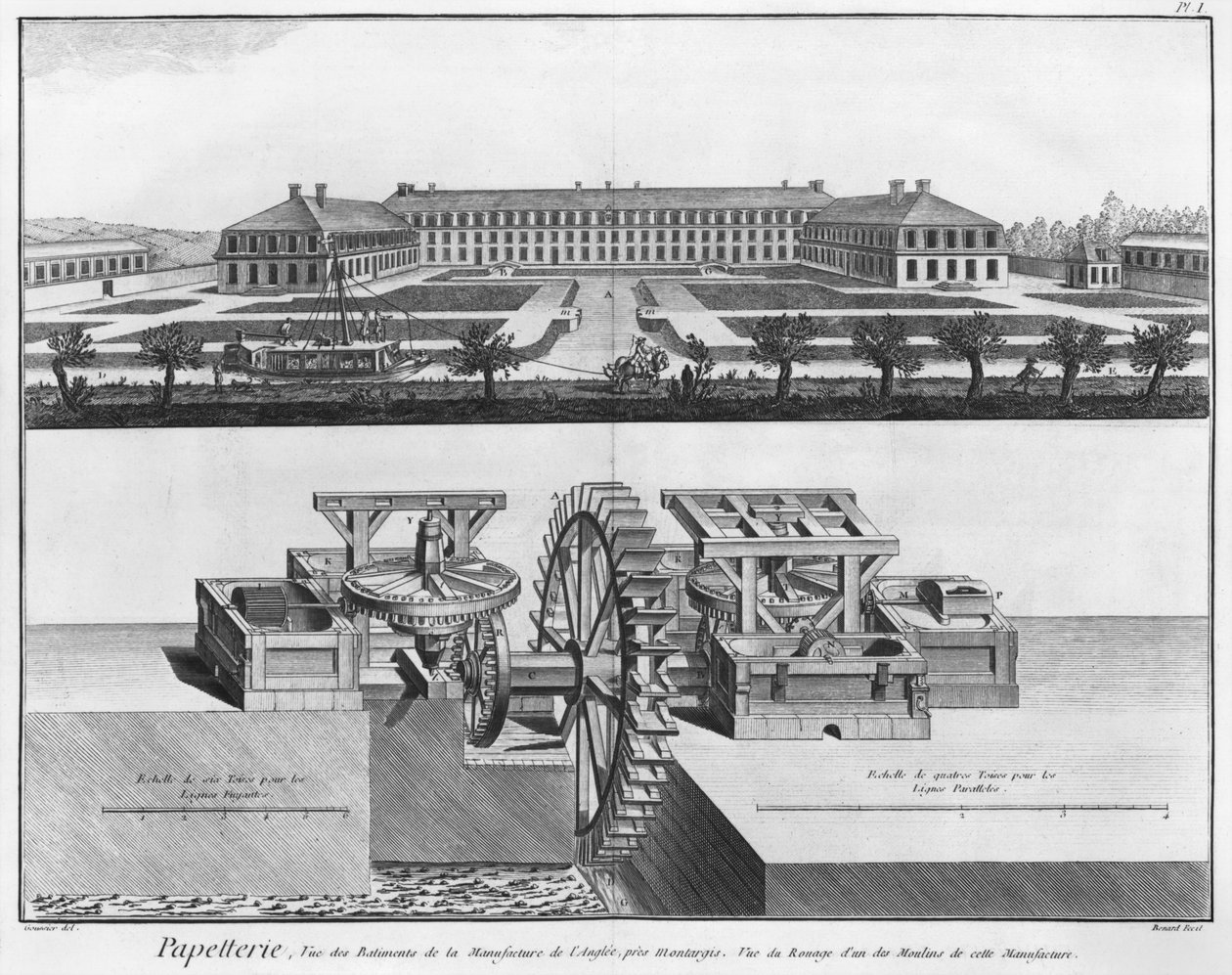 Uma fábrica de papel, ilustração da "Enciclopédia de Ciências e Metros" de Denis Diderot (1713-84) gravada por Robert Benard (fl.1734), publicada em c.1770 de Louis Jacques Goussier