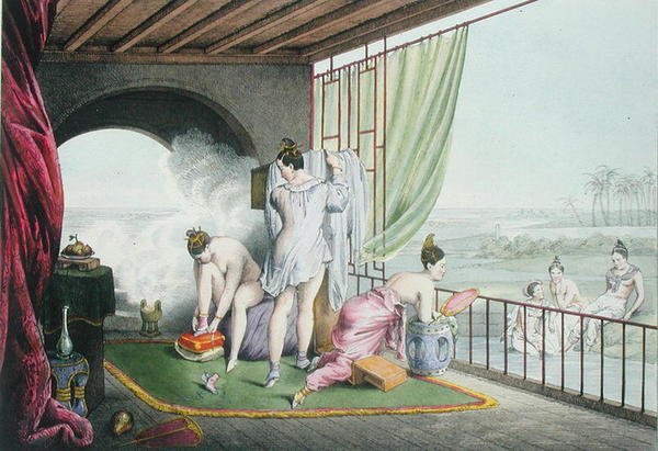 Os pais no seu banheiro, publicado em 1824-27 (cor litho) de Louis Jacques Nicolas Schaal