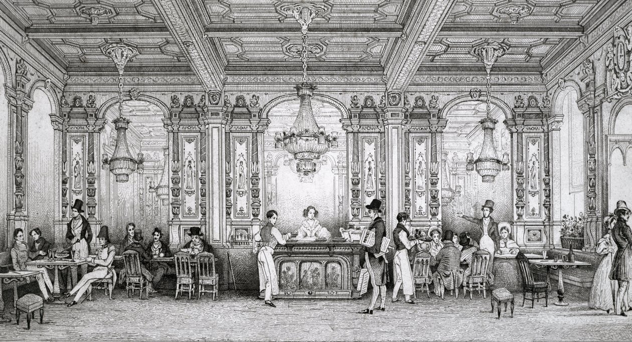 Café de la Banque de France construído pelo arquitecto Dusillon e localizado na Place de Victoire - Gravura de Schaal - 1839 - de Louis Jacques Nicolas Schaal