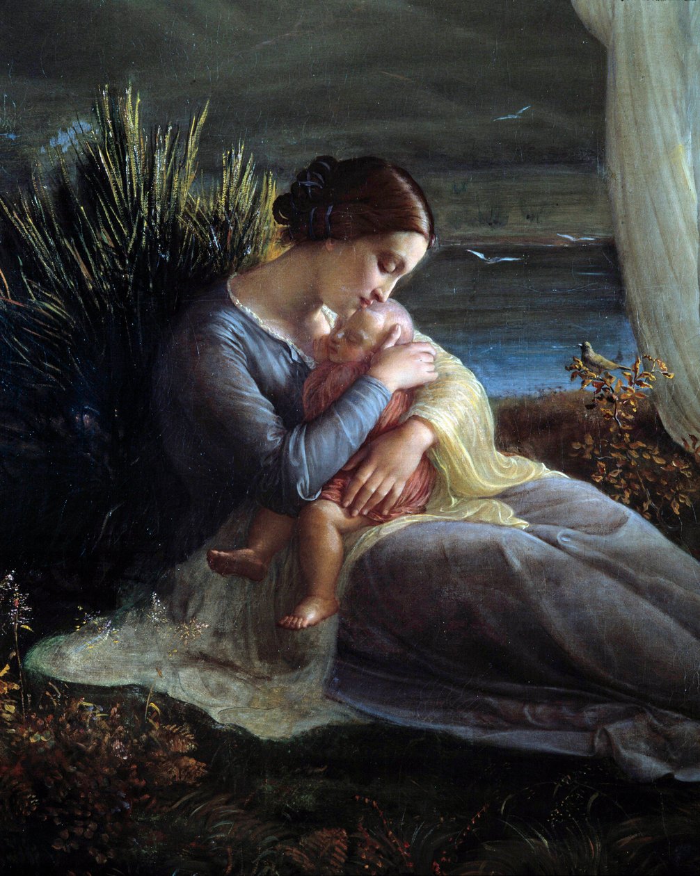 O poema da alma; O anjo e a mãe, detalhe da mãe e do filho de Louis Janmot