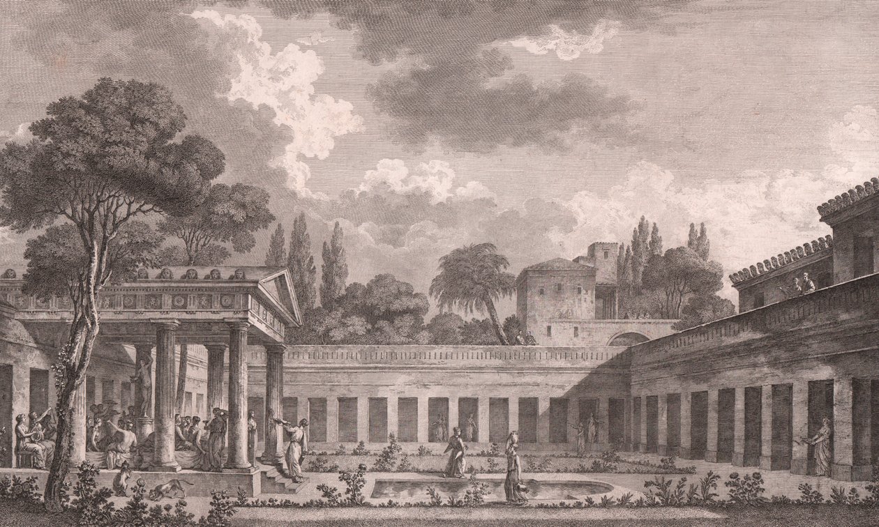 Reconstrução ideal da Villa de Diomedes em Pompeia para o seu estado original antes da erupção vulcânica do Monte Vesúvio em 79 d.C., Campania, Itália, gravura após desenho de Louis Jean Desprez (1743-1804), cerca de 21x34 cm de Louis Jean (after) Desprez