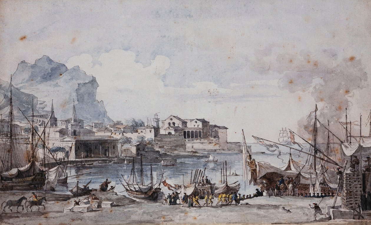 Uma vista do porto de Palermo, 1777 de Louis Jean Desprez