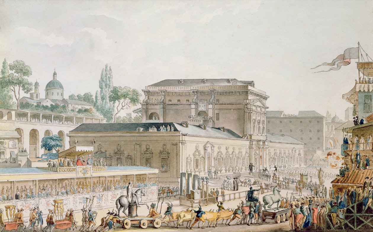 Antiguidades encontradas em Herculano sendo transportadas para o Museu de Nápoles, c.1782 (caneta, tinta e wc no papel) de Louis Jean Desprez