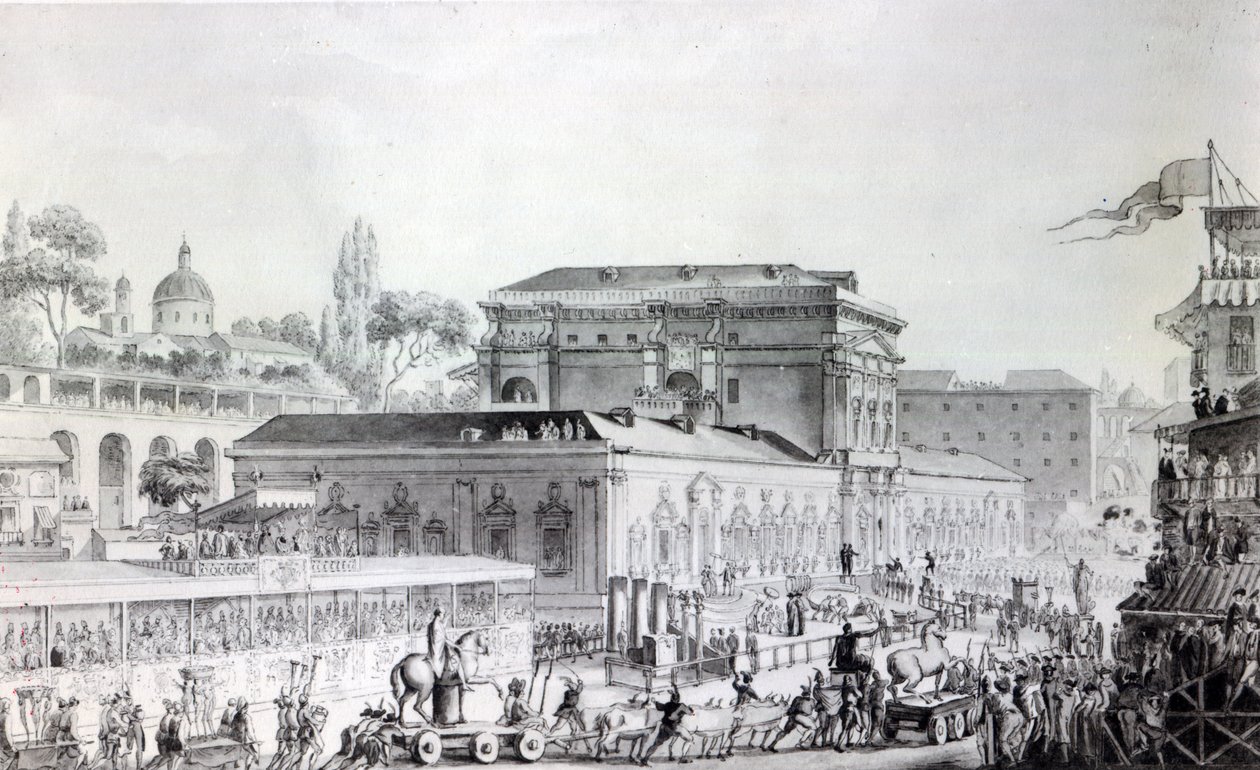Antiguidades encontradas no Herculano sendo transportadas para o Museu de Nápoles, c.1782 (caneta, tinta e aquarela sobre papel) de Louis Jean Desprez