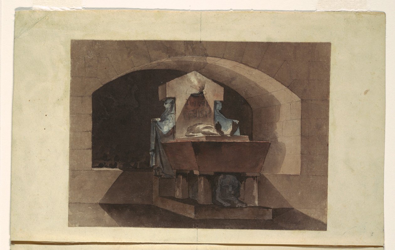 Desenho, Sepulcro em estilo egípcio com cariátides e um leão, ca. 1779-84 de Louis Jean Desprez