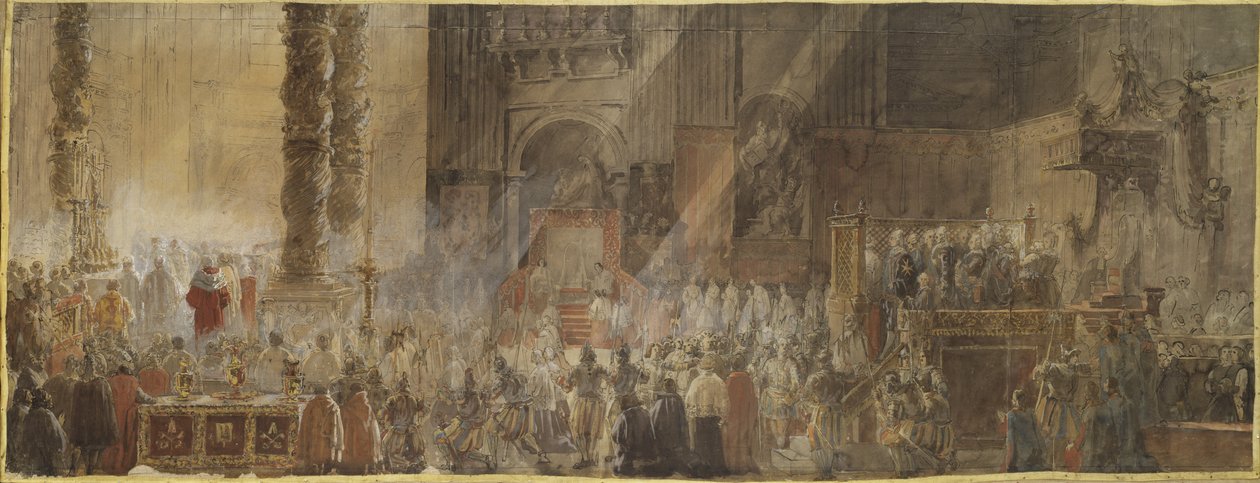 Le roi Gustave III de Suede (1746-1792) assiste a la messe de Noel dans la basilique Saint Pierre du Vatican, en 1783 - O Rei Gustavo III da Suécia Assiste à Missa de Natal na Basílica de São Pedro no Vaticano de Louis Jean Desprez