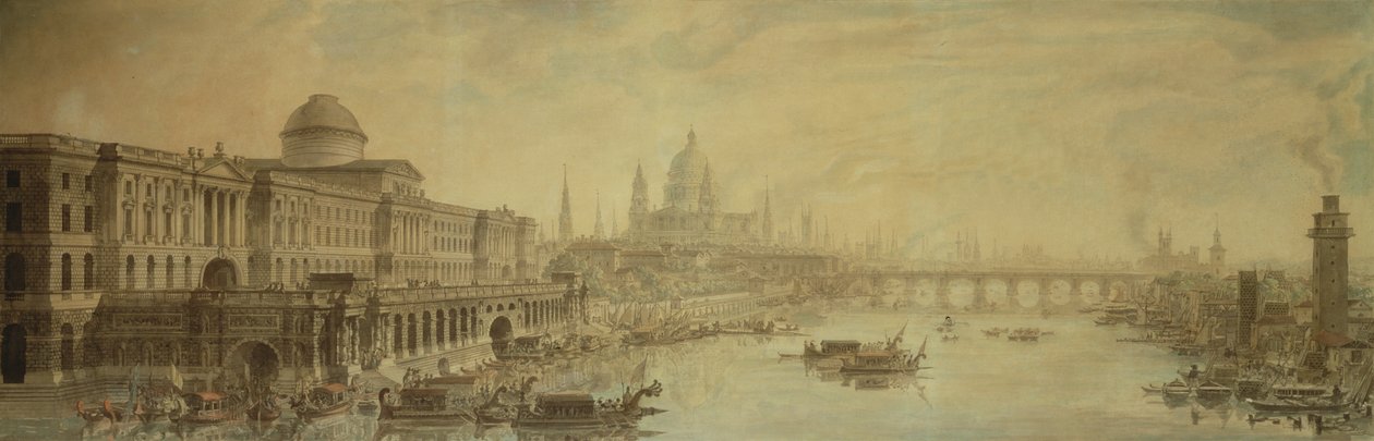 Somerset House, Catedral de St. Paul e Blackfriars &39;Bridge (caneta e wc no papel) de Louis Jean Desprez