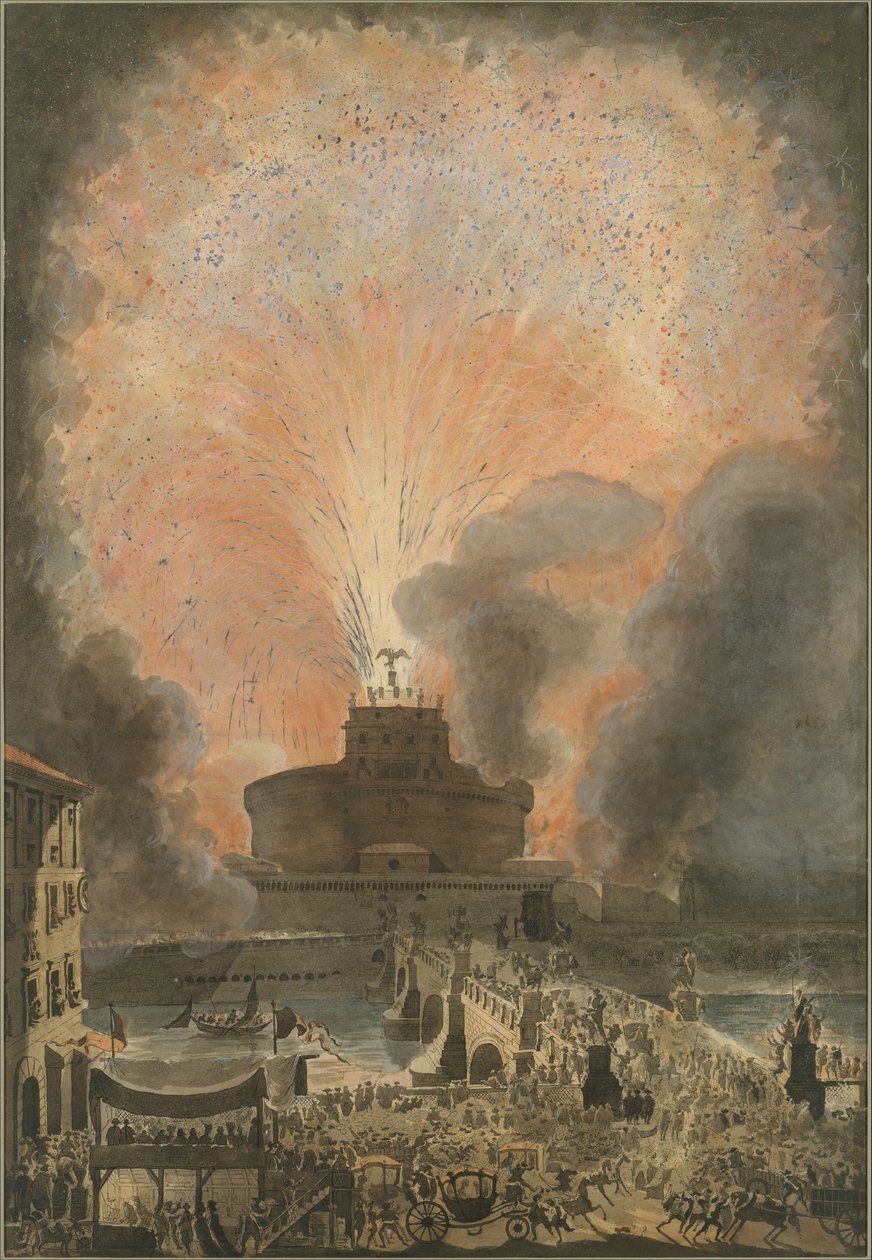 O Girandola no Castel SantAngelo, c.1781 (gravura com a mão-colorir) de Louis Jean Desprez