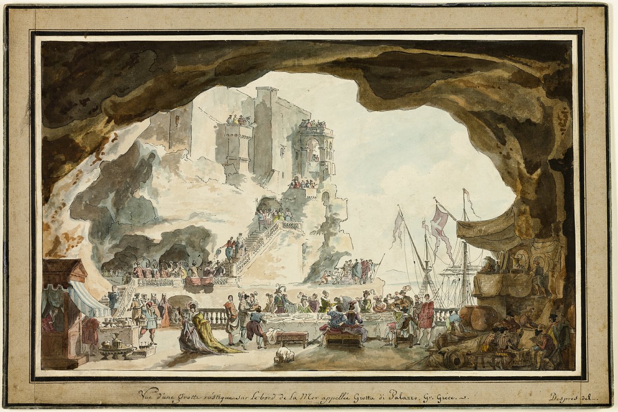 Vista da Grotta di Palazzo com banquete de Louis Jean Desprez