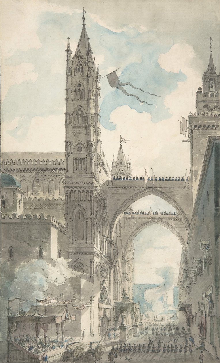 Vista do Portal e Entrada Principal da Catedral de Palermo durante o Festival..., n.d. de Louis Jean Desprez