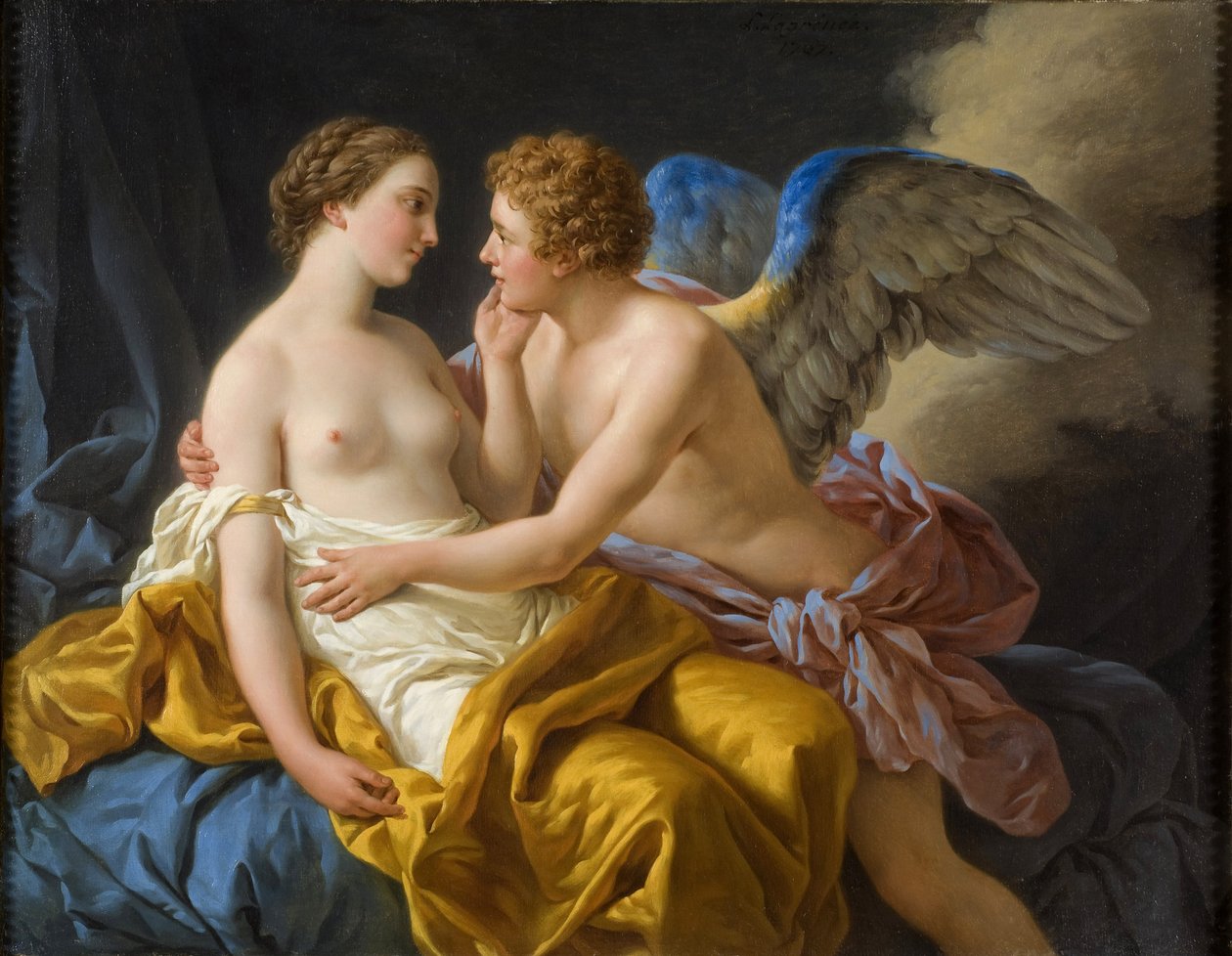 Cupido e Psique (Cupido e Psique). Pintura de Louis Jean Francois Lagrenee (1725-1805), óleo sobre madeira, anterior a 1805. Arte francesa do século XIX, classicismo. Nationalmuseum, Estocolmo (Suécia). de Louis Jean Francois I Lagrenee