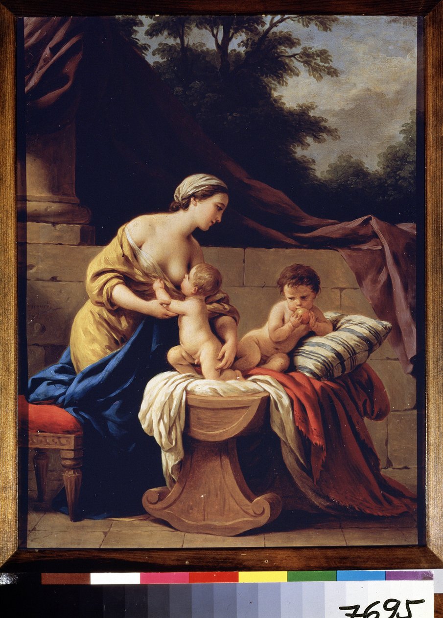 Mãe e filhos. Alegoria da Caridade. (Mãe e Filhos. Alegoria da Caridade). Pintura de Louis Jean Francois Lagrenee (1725-1805), óleo sobre tela. arte francesa de Louis Jean Francois I Lagrenee