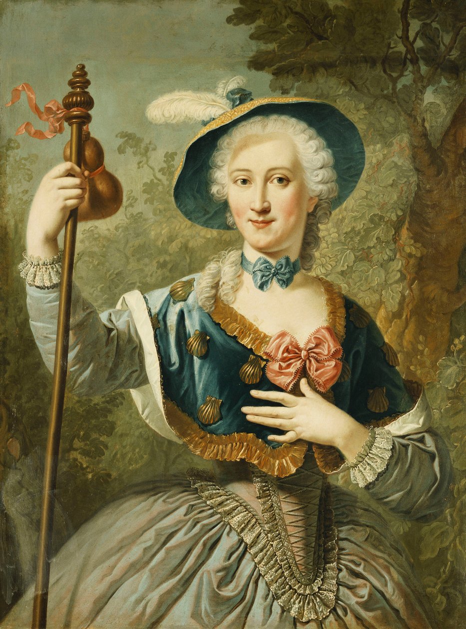Retrato de uma senhora, comprimento de três quartos, vestido como um peregrino e usando um chapéu de palha forrado de azul e penas, 1747 de Louis Jean François Lagrenée