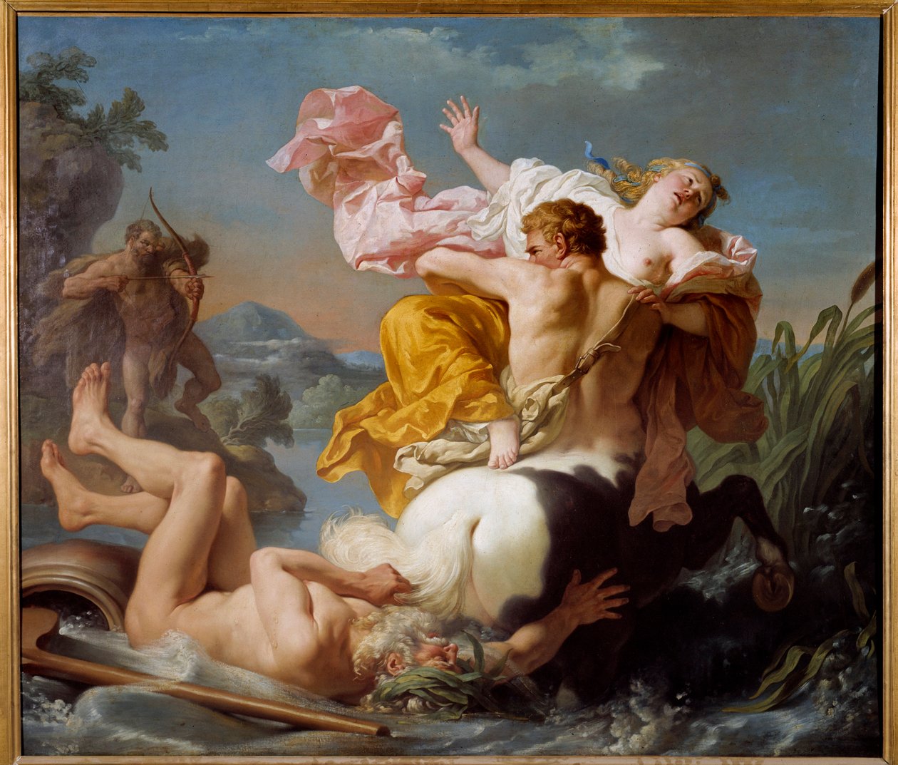 O sequestro de Dejanire pelo centauro de Nessus. Enquanto Heracles, acompanhado de sua esposa Dejanire, procura atravessar os evenos, Nessos se propõe a tomar conta de Dejanire. Heracles aceitou, mas tendo atravessado o rio, ouviu os gritos da sua mulher q de Louis Jean François Lagrenée