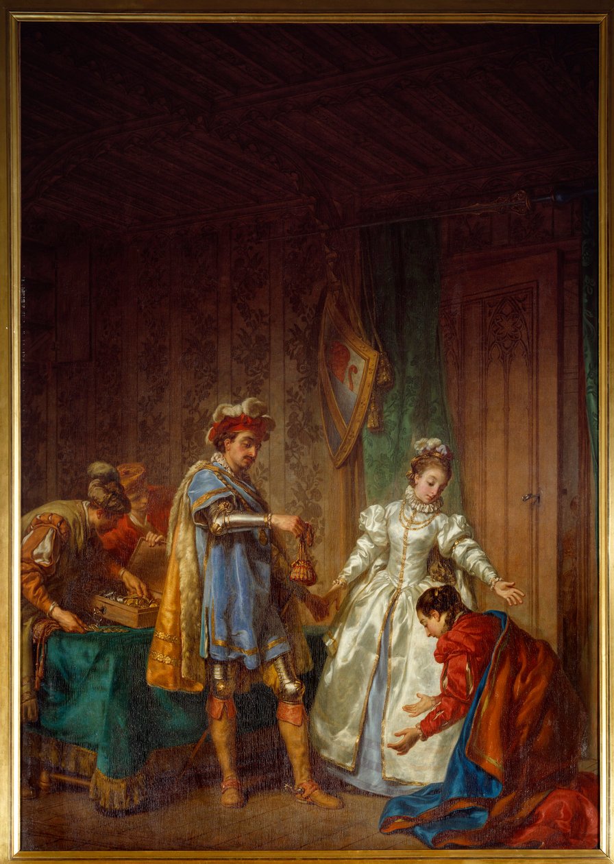 A Continência de Bayard O Cavaleiro Pierre Terrain, Senhor de Bayard (1476-1524) dá uma bolsa de estudos a uma menina pobre e virgem para que ela possa se casar honestamente de Louis Jean Jacques Durameau