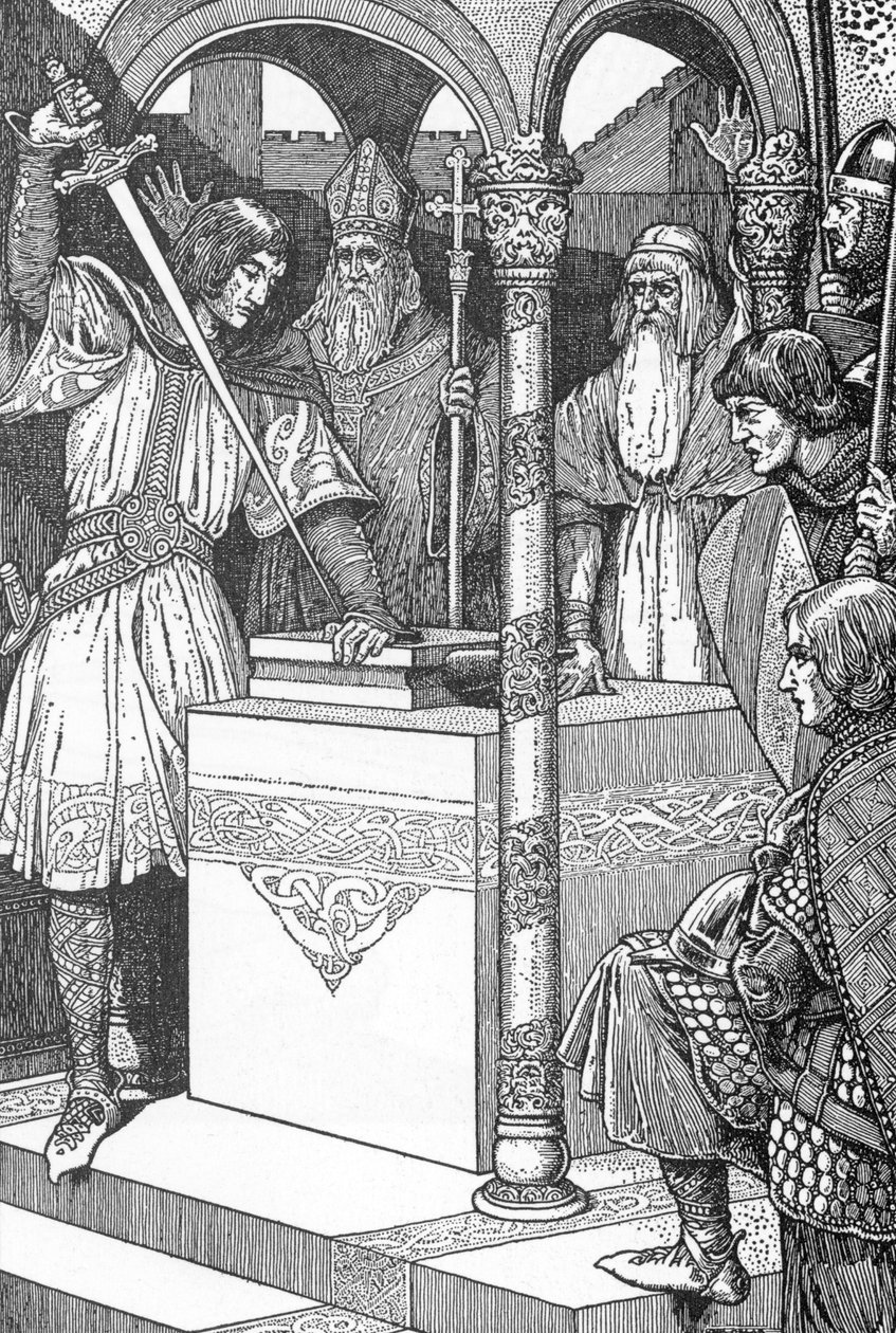 Arthur tirou a espada Excalibur de uma bigorna Ilustração de Louis Rhead (1858-1926) de "rei Arthur e os seus cavaleiros" 1923 Colecção privada de Louis John Rhead